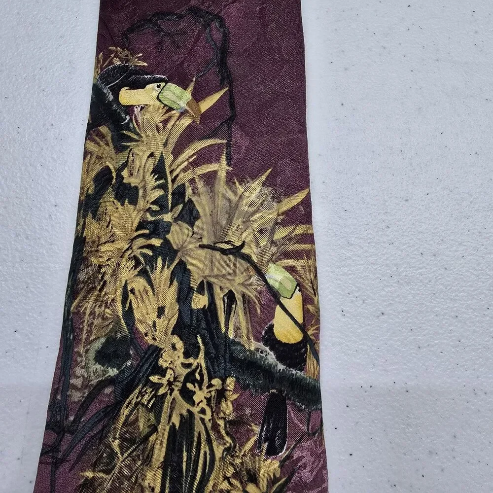 Rod Fredrick Mens Neck Tie Temple Of The Jaguar Toucan Bird 100% Silk
